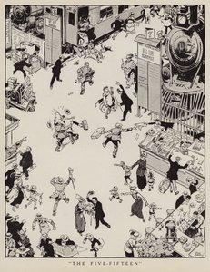 Commuters rushing to catch the 5.15 train about to leave the station by Tony Sarg