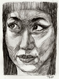 Pensive Asian Woman Drawing by Tore Bahnson