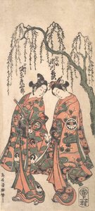 Young Lovers under a Drooping Willow, Their Hands Clasped, Their Heads Bent, 1754 by Torii Kiyohiro
