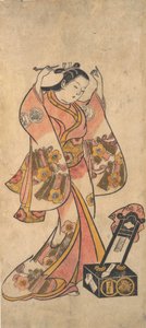 Sanjo Kantaro as a Woman Arranging Her Hair Before a Lacquer Mirror by Torii Kiyomasu II.