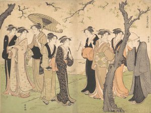 Group of Six Geisha Under the Cherry Trees on Gotenyama by Torii Kiyonaga