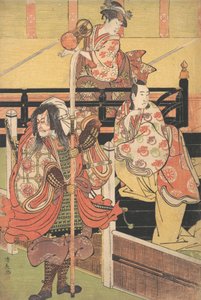 On a Balcony a Woman is Seated Playing a Tsuzumi, below a Man in Daimyo Costume is Seated, ca. 1790