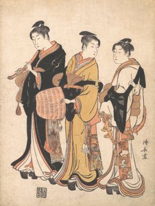 Three Young Women Masquerading as Komuso Strolling Minstrel