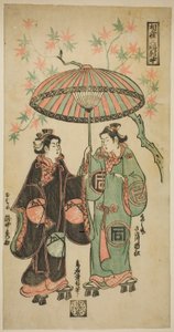 The Actor Sanogawa Ichimatsu I as Kumenosuke and Takinaka Hidematsu I as Oume, from Sharing an Umbrella: A Triptych