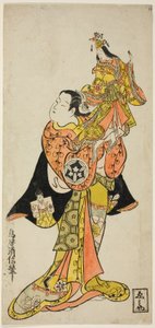 The Actor Yamashita Kinsaku holding a puppet of the Empress in the play "Diary Kept on a Journey by Sea to Izu," performed at the Nakamura Theater in the first month, 1725