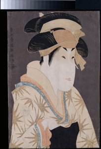 An okubi-e portrait of the actor Segawa Kikunojo III in the role of Oshizu, the wife of Tanabe Bunzo, from the play Hana-ayame bunroku soga performed at the Miyakoza theater in the fifth month of Kansei 6, c.1794