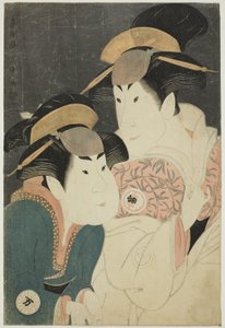 The actors Segawa Tomisaburo II (R) as Yadorigi, wife of Ogishi Kurando, and Nakamura Manyo (L) as the servant Wakakusa