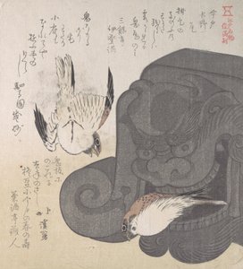 Roof Tile and Sparrows, Specialities of Mizuno in Imado by Totoya Hokkei