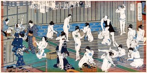 Bath house scene, a print by Toyohara Kunichika by Toyohara Kunichika