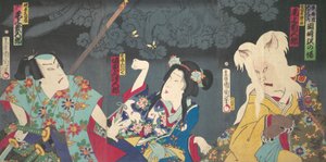 Onoe Kikugoro V as Otowake Neko no ke Right, Bando Mitsugoro IV as Aisho Michinoku Cent, 1870 by Toyohara Kunichika