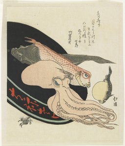 Octopus, Red Tilefish, Pike, Globefish and Crab by Toyota Hokkei