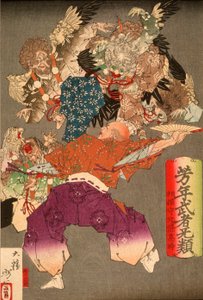 Hōjō Takatoki, Lord of Sagami, Warding Off Tengu with His Fan by Tsukioka Yoshitoshi