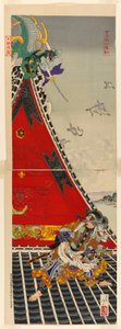 The Two Brave Men Inuzuka Shino and Inugai Genpachi Battling on the Roof of Horyukaku by Tsukioka Yoshitoshi