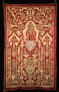 A Prayer Arch of Red Satin, Embroidered in Gilt and Silver Threads and Applique with Brocades by Turkish School