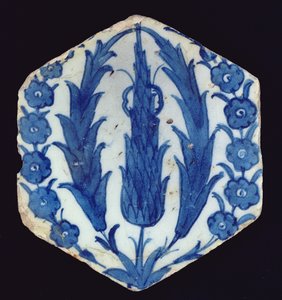 Hexagonal Isnik Tile with Cypresses and a Prunus, 1560-70 by Turkish School