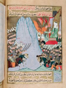 The angel Gabriel appears to Muhammad on Mount Hira during a battle, and conveys the word of God to him by revealing part of the Qur