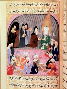 The Prophet Muhammad on a journey to Syria is welcomed by Christian monks who serve him a meal