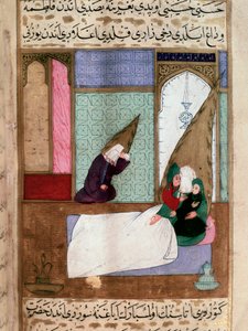 The Prophet Muhammad (570-632) (covered face) taken away from his family at the time of death. Persian miniature of the 18th century. Musee Topkapi Istanbul Turkey