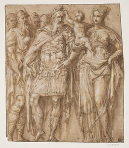 A Child Sitting on a Woman’s Arm Crowns a Bearded Man while Other Men Watch from Behind by Ubekendt