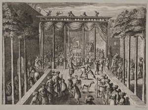 Banquet in an Oriental Courtyard. Foreground: Archers and Men Wrestling by Ubekendt