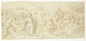 A Gathering of Saints on Clouds, All Looking Upwards. Likely the Lower Register in a Last Judgment Sky. Centrally Placed are St. Catherine of Alexandria and St. Ursula, the Latter Surrounded by Some of Her Virgins by Ubekendt