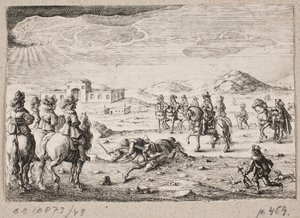 European Riders in an Open Landscape. In the Background a Caravanserai