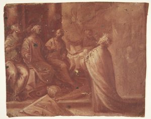 Jesus Hands a Mitre to a Woman on a Throne Surrounded by Two Women (Allegory) by Ubekendt