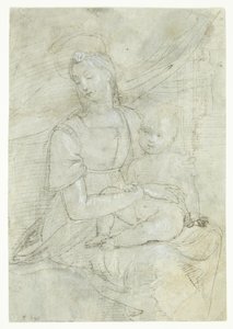 Mary with the Christ Child, Sitting in Front of a Drapery. In the Background in a Doorway a Man