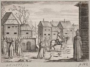 Russian Town with Men Gathered Around a Covered, Horse-Drawn Sleigh by Ubekendt