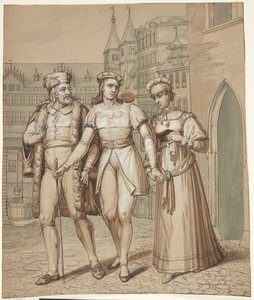 Three People in Old Costumes in a Square, a Young Man Bidding Farewell to His Parents?