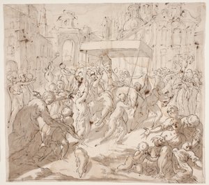 A Bishop, Riding on a Donkey Under a Canopy, Enters a City with a Procession, Blessing Children and Sick People by Ubekendt Genova