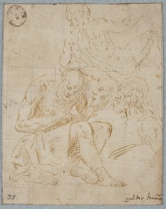 A Study for a Seated Figure Reading, a Prostrated Male Nude Seen from Behind, and Two Male Heads