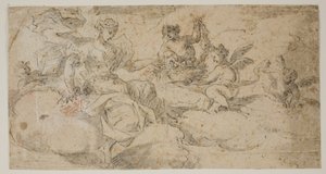 Aurora Sitting in Clouds Surrounded by Putti Binding Garlands. Two Pages from a Sketchbook