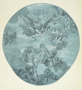 A Female Saint on Clouds, Surrounded by Putti, Above Her Angel Children and an Angel Holding a Scroll with the Inscription: Beati pauperes spiritu by Ubekendt Ubekendt