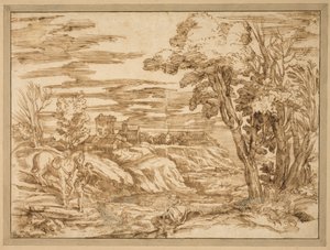 River Landscape with a Seated Man with a Turban and a Boy Leading a Horse in the Foreground, after the Etching B.8, Attributed to Titian by Ubekendt Ubekendt