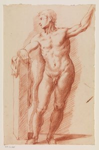 Standing Male Figure Leaning on a Plinth on the Left by Ubekendt Ubekendt