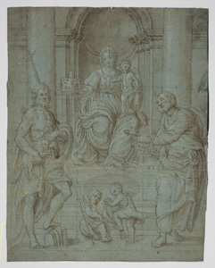 The Virgin and Child Enthroned with Sts Peter and John the Baptist, and Two Musician Child Angels by Ubekendt Ubekendt