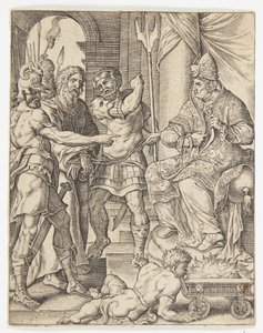 Christ before the High Priest Annas by Ubekendt efter Dirck Volckertsz. Coornhert efter Maarten van Heemskerck