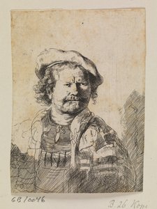 Rembrandt in a Flat Cap and Embroidered Dress by Ubekendt efter Rembrandt