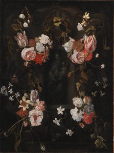 A Stone Cartouche with Virgin Mary and the Infant Christ in a Niche Encircled by a Garland of Flowers by Ubekendt flamsk 1600 tallet