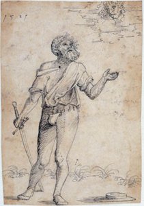 Bearded man with a sword, looking up at a face in the clouds by Ubekendt tysk beg. af 1500 tallet