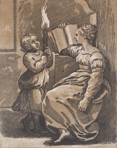 A Sibyl reading a book facing left by Ugo da Carpi