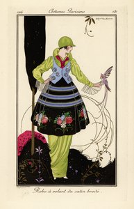 Woman in pea-green dress with embroidered satin skirt