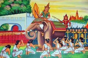 Wat Si Muang Buddhist Temple. Painting Depicting the Life Story of Shakyamuni Buddha, Vientiane, Laos