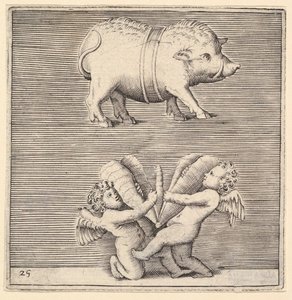 A Belted Pig and Two Cupids or Geniuses with a Butterfly or Moth by Unbekannt