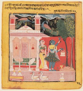 A Lady Plucking Flowers with Peacocks, Gunakali Ragini of Malkos, from the Chawand Ragamala