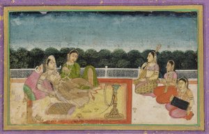 A Lady and attendant on a terrace at evening, with three women musicians by Unbekannt
