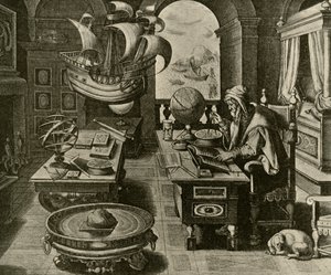 A Navigating Expert at Work in His Study with Globe and Compass