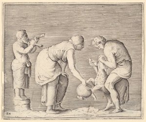 A Woman Collecting Blood from a Sheep by Unbekannt
