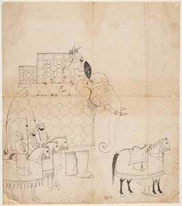 A Drawing of Caparisoned Elephant and Horses